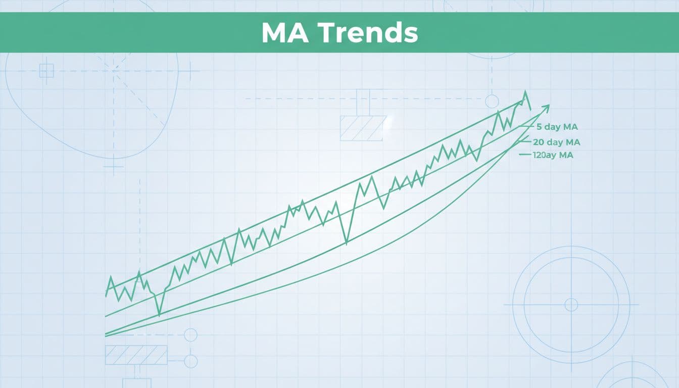 Clean stock price chart displaying 5-day, 20-day, and 120-day moving average lines trending upward in green on a subtle grid background with faint construction blueprint overlay.