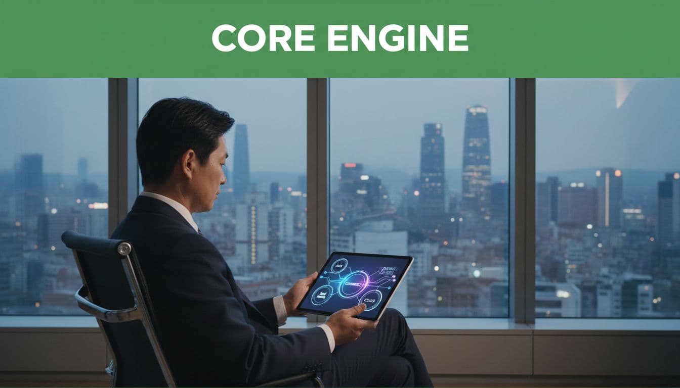 Executive in Seoul conference room reviews tablet charts of ads, commerce, content, and cloud interconnected by AI flows, under 'Core Engine' headline on green band.