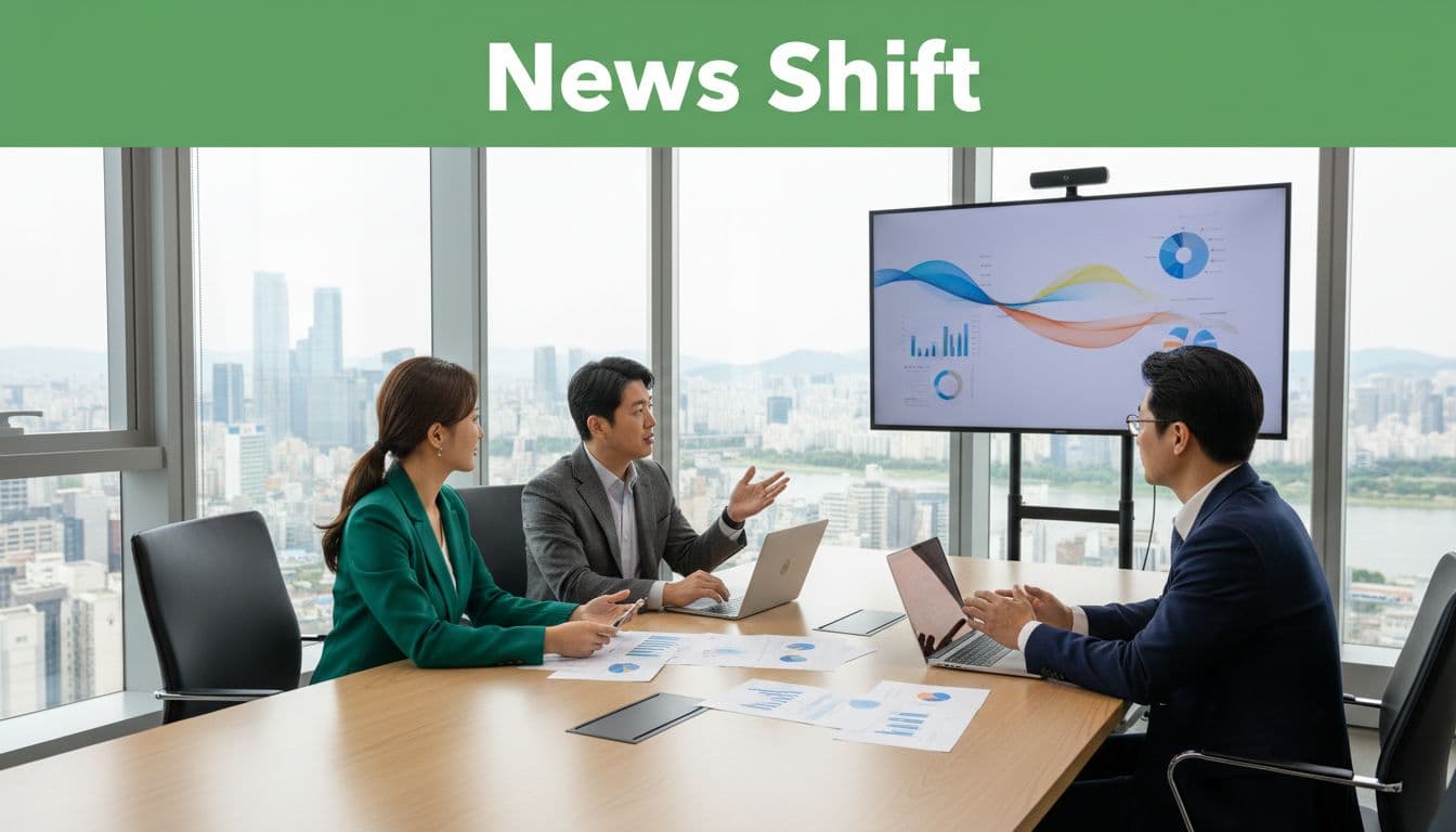 Illustrative image for blog post 'NAVER Stock (035420.KS) and the End of AI "Issue Timeline": What It Means for News, Trust, and Investors (March 2026)' related to naver news shift human curation office meeting 7c4e4862 Modern office with executives in business attire discussing news curation around a table with laptops and charts, Korean city skyline visible through the window, featuring a bold 'News Shift' headline in a green band.