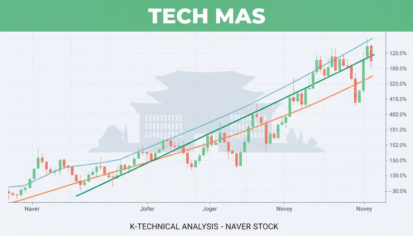 Illustrative image for blog post 'NAVER Stock (035420.KS) and the End of AI "Issue Timeline": What It Means for News, Trust, and Investors (March 2026)' related to naver stock tech mas uptrend chart 1065a8e7 Clean stock price chart displaying upward trend with 5-day thin line, 20-day medium line, and 120-day thick green line crossing above price, set against a subtle Korean exchange building background. Bold editorial style features an edge-to-edge green color band with 'Tech MAs' headline.