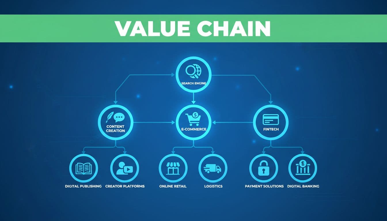Illustrative image for blog post 'NAVER Stock (035420.KS) and the End of AI "Issue Timeline": What It Means for News, Trust, and Investors (March 2026)' related to naver value chain positioning diagram 2585899e Supply chain diagram illustration featuring a search engine at the top flowing to content creation, e-commerce, and fintech icons in connected nodes, using subtle digital blue tones to visualize Naver's position in the digital services chain.