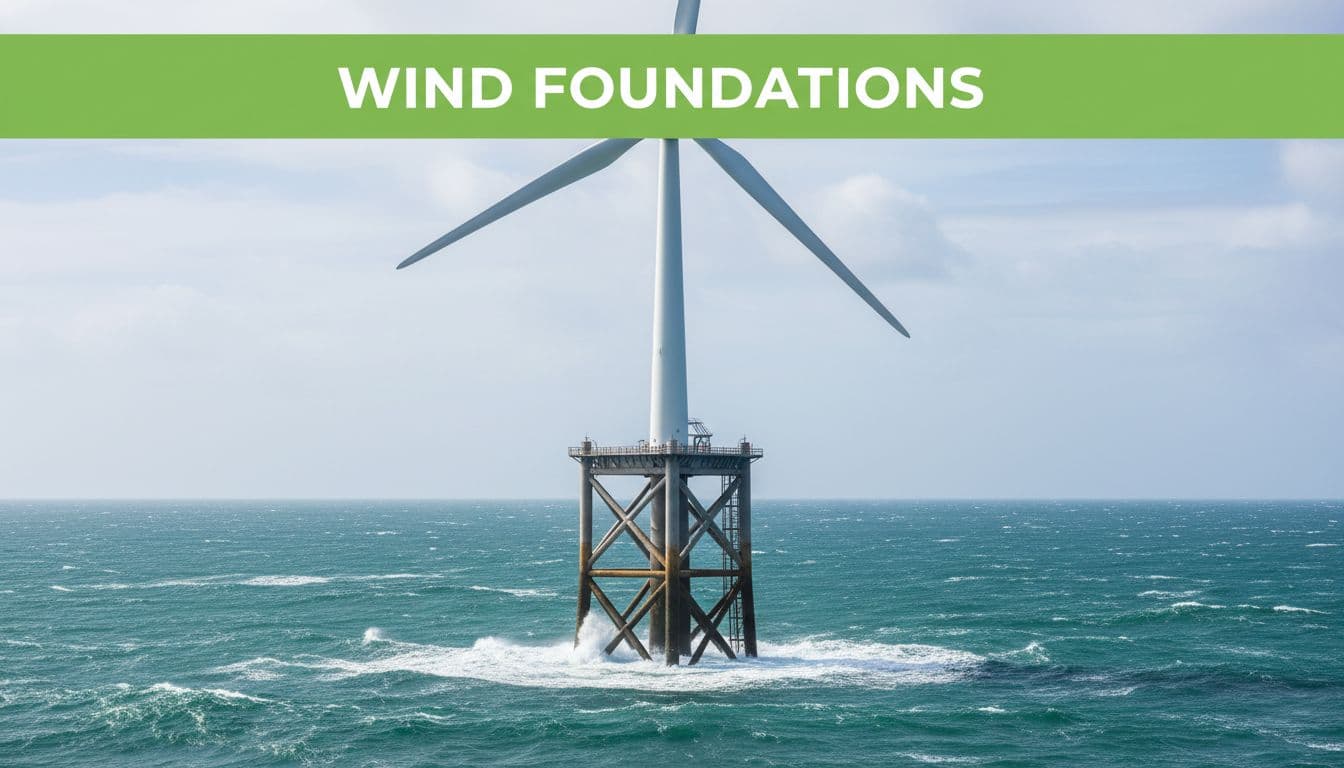 Illustrative image for blog post 'SK Oceanplant (100090.KS) Stock Guide for Newbies: Offshore Wind Growth, Defense Orders, and What the Price Already Assumes' related to offshore wind jacket foundation substructure turbine 1c4cda81 Realistic high-detail photo of a single offshore wind turbine on a jacket foundation anchored to the seabed in choppy seas with wide ocean horizon and dynamic waves under bright daylight, featuring a bold 'Wind Foundations' headline on a green band at the top.