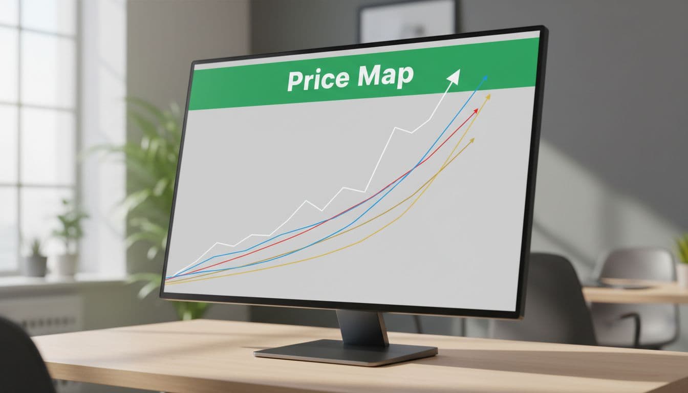 Stock chart displaying price line with overlaid 5-day, 20-day, and 120-day moving averages in different colors, showing an upward trend, on a clean modern angled monitor screen in an office setting. Short bold 'Price Map' headline in edge-to-edge green band at top, landscape composition with soft lighting, no people or distractions.
