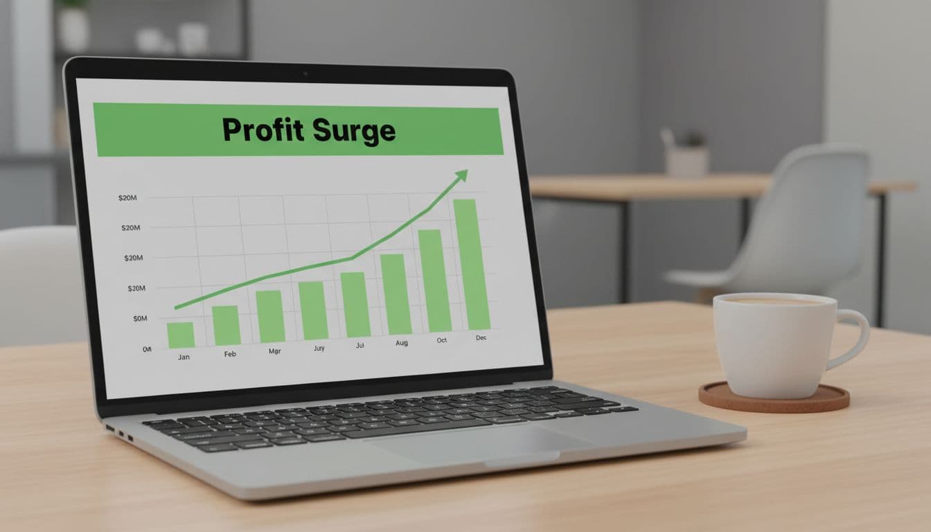 Illustrative image for blog post 'Beyond Nvidia: Is Samyang Foods (SAMYF / 003230.KS) the Most Profitable Stock in K-Food History' related to profit surge food company stock chart office dashboard c30f3843 Stock chart on laptop dashboard showing upward profit trend with rising bars and line graph for a food company, office desk setup with coffee mug, soft lighting, bold 'Profit Surge' headline band.