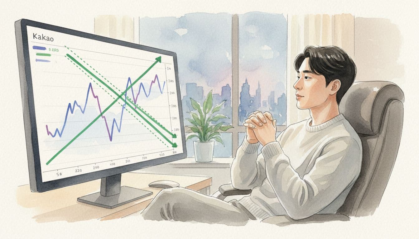 Watercolor style illustration of a relaxed Korean trader in a soft-lit office viewing a stock chart monitor displaying bullish moving averages crossover for Kakao, with visible brush textures and no readable text.