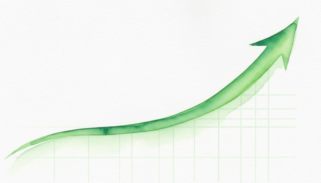 An abstract watercolor-style rising green stock price line chart on a white background features a simple upward-trending curve peaking to the right, with minimal grid lines and soft brush textures.