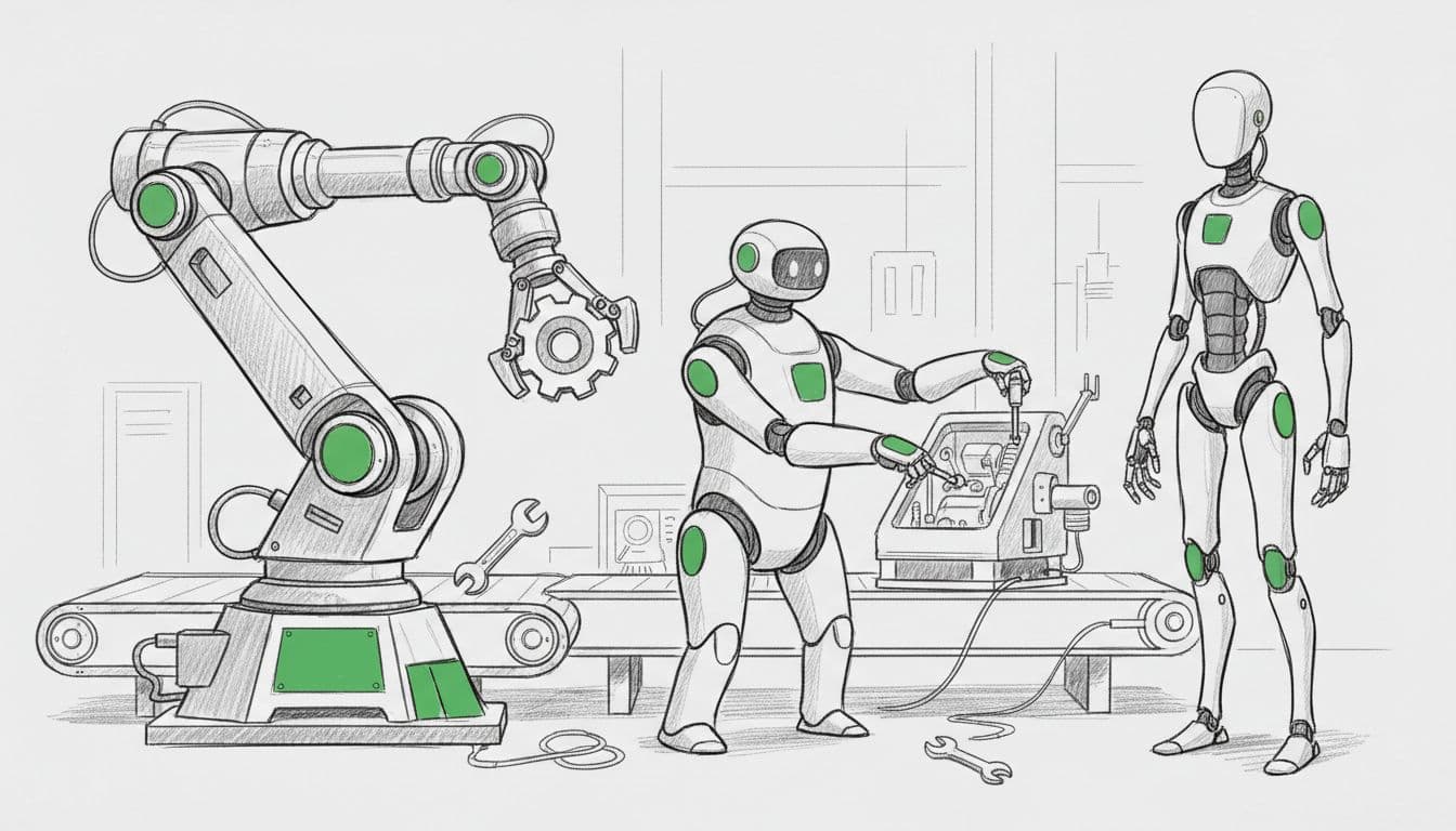 Hand-drawn sketch showing three robots in a production value chain: industrial arm on factory line (left), collaborative robot (center), and humanoid robot (right), with graphite linework, light shading, and green accents on a light gray background.