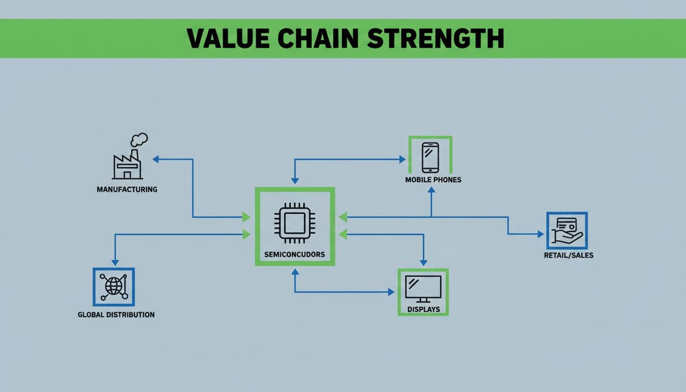 Professional infographic illustrating Samsung Electronics' value chain with connected flowchart icons for semiconductors, mobile phones, and displays, highlighting strong positioning in green on a cool blue background.
