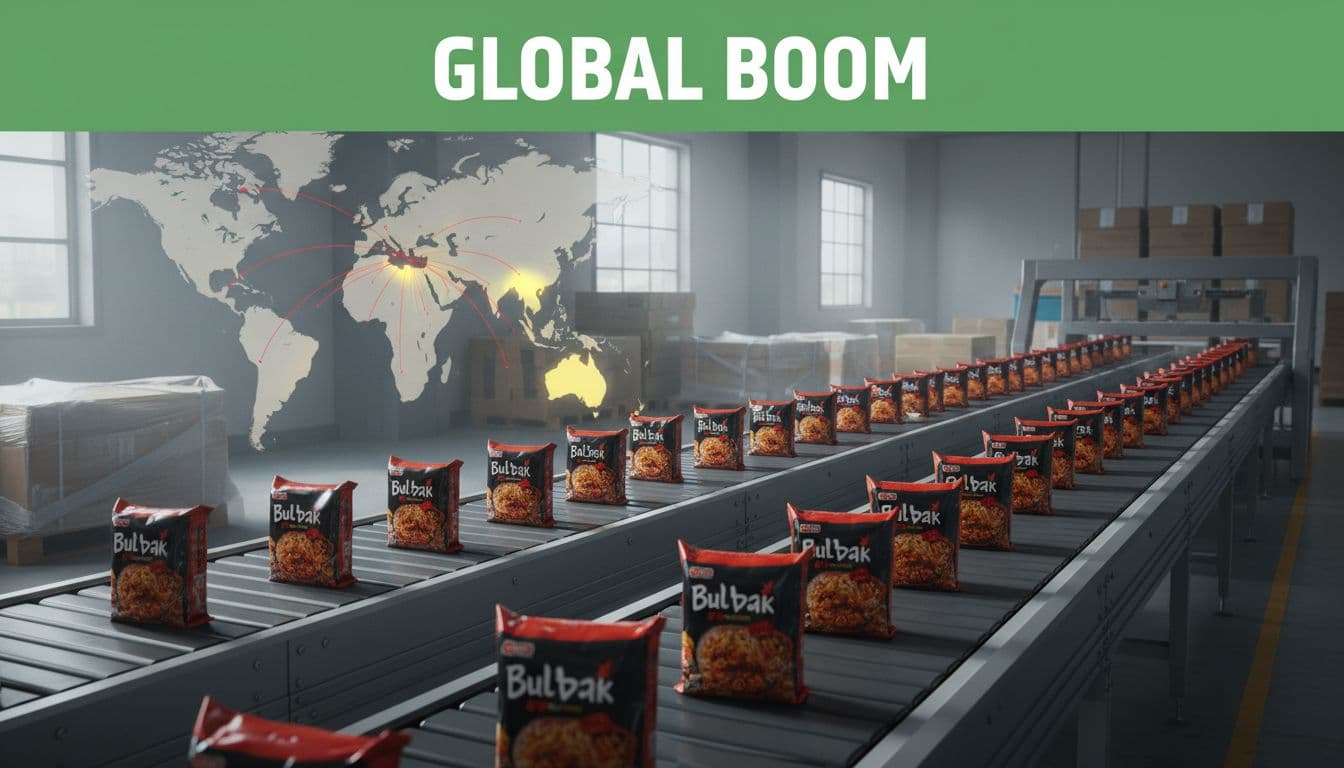 Illustrative image for blog post 'Beyond Nvidia: Is Samyang Foods (SAMYF / 003230.KS) the Most Profitable Stock in K-Food History' related to samyang buldak ramen global export map 5e2e1e93 Global map highlighting export routes for Korean ramen noodles from South Korea to US, Europe, and China, with Buldak packages on conveyor belts in a vibrant factory setting and bold 'Global Boom' headline.