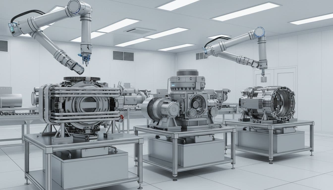Modern cleanroom assembly line for small modular reactor SMR core components, featuring precisely machined metal parts like steam generators and coolant pumps on workstations with robotic arms placing parts under soft overhead lighting in technical blueprint style.