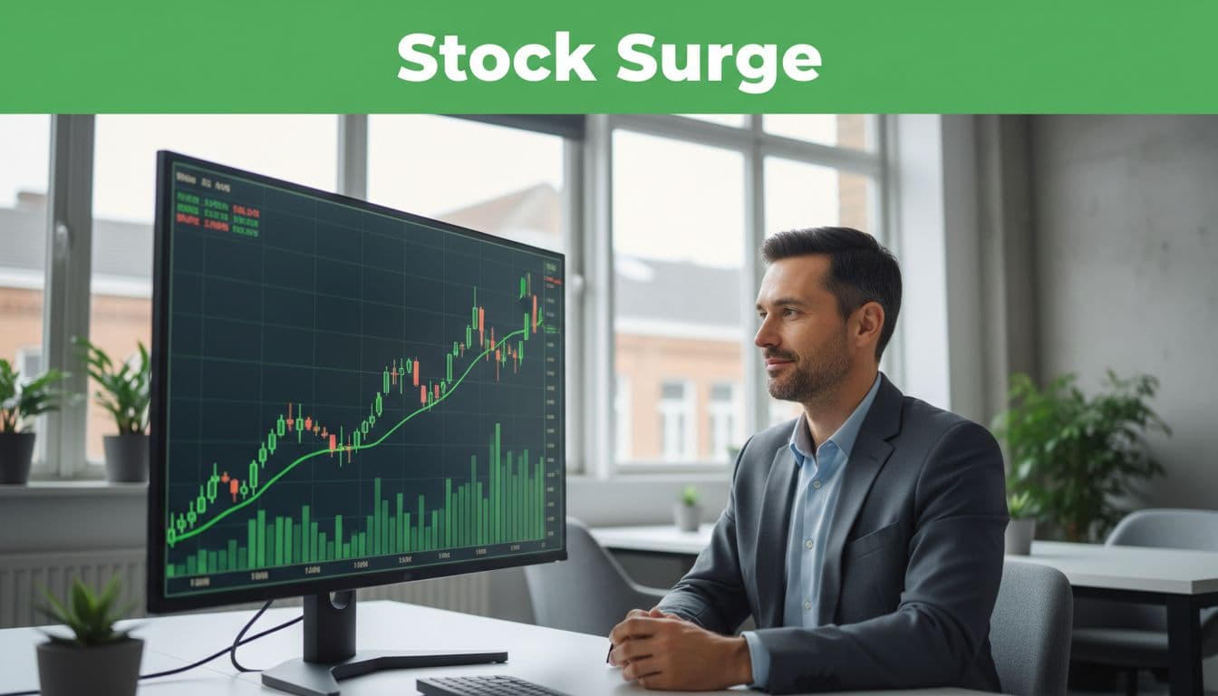 Bold branded editorial image with a top green horizontal band featuring 'Stock Surge' headline, below which a rising green stock price chart on a trading screen is calmly viewed by one analyst in a modern office under natural lighting.