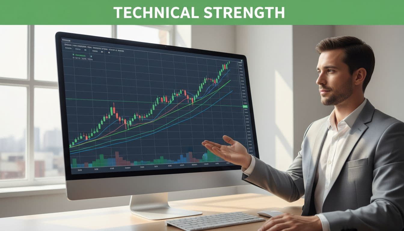 Minimalist stock charts on a trader's screen display upward-trending semiconductor lines with green and blue moving average overlays, in a modern office with natural daylight and one relaxed trader pointing at the positive momentum display.