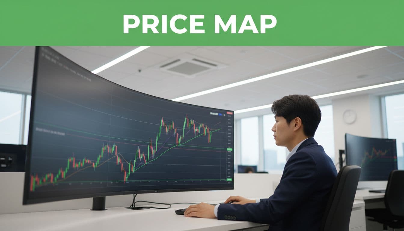 A professional trader at a desk in a bright trading room focuses on a large monitor displaying a stylized NAVER stock chart with green ascending moving averages and subtle support and resistance levels, topped by a bold 'Price Map' headline band.