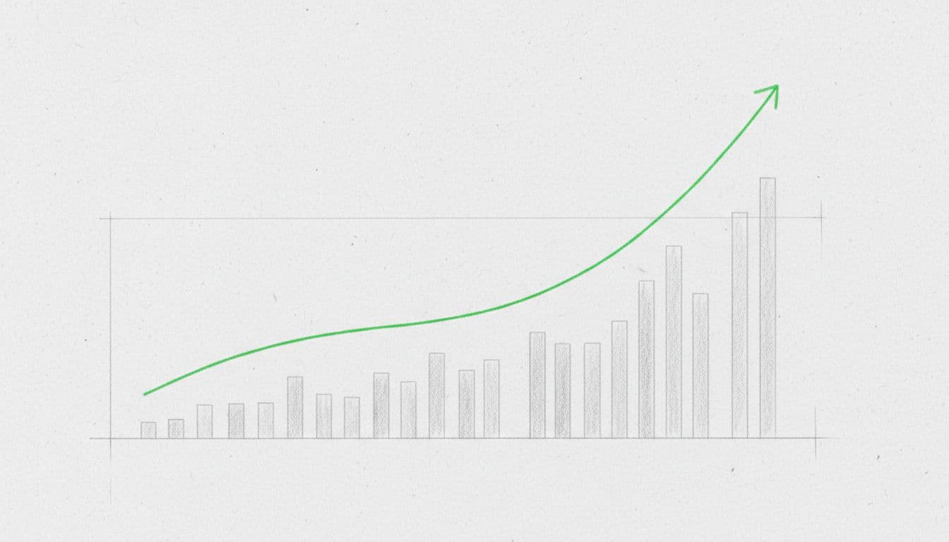 Hand-drawn sketch in graphite lines with light shading on light gray paper background, depicting a simple upward-trending green line chart for semiconductor ETF stock performance, including subtle volume bars below, clean and minimal with no labels.