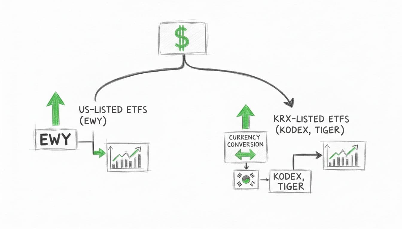 Illustrative image for blog post 'How to Invest in Korean ETFs From the US (US-Listed vs KRX-Listed)' related to us korea etfs investment paths flowchart e389542e Hand-drawn sketch of a simple flowchart depicting two paths for US investors in Korean ETFs: US-listed like EWY and KRX-listed like KODEX, with currency conversion steps, using graphite lines and green accents on white background.