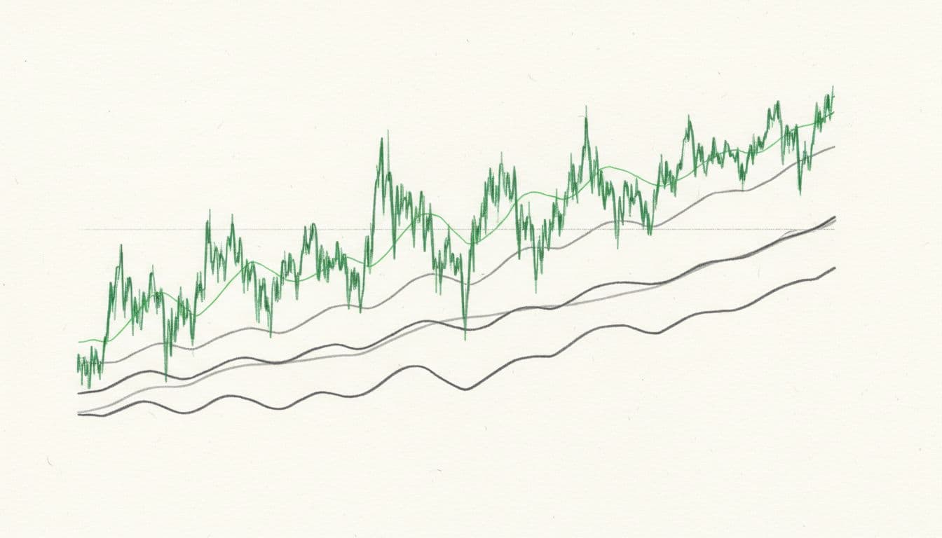 Hand-drawn graphite sketch of a volatile ETF stock chart in upward trend around 28,000 with short-term bounces, price line accented in #22C55E above three moving averages on clean white background.