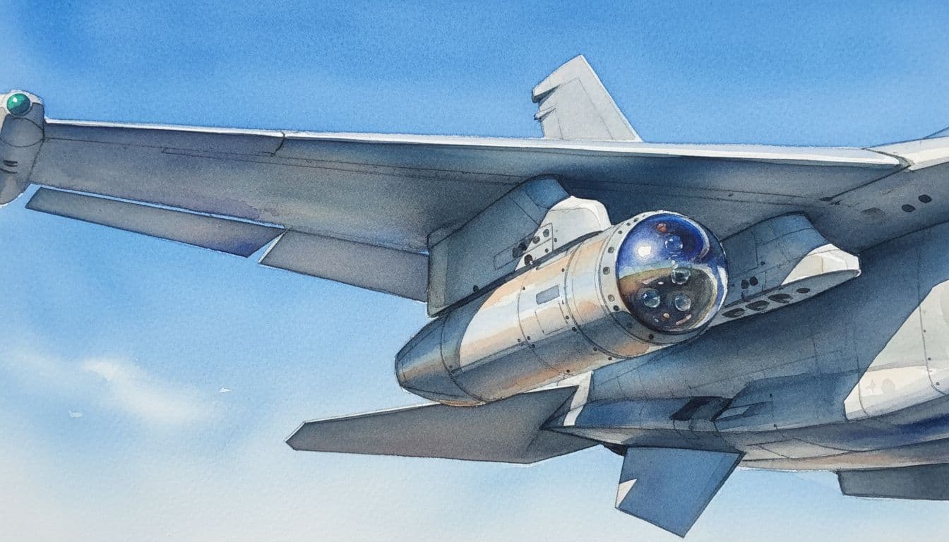 Watercolor style illustration featuring exactly one electro-optical targeting pod attached to a fighter jet wing against a clear blue sky, with soft blending, visible brush texture, dynamic angle, and soft sunlight highlighting metallic and composite details.