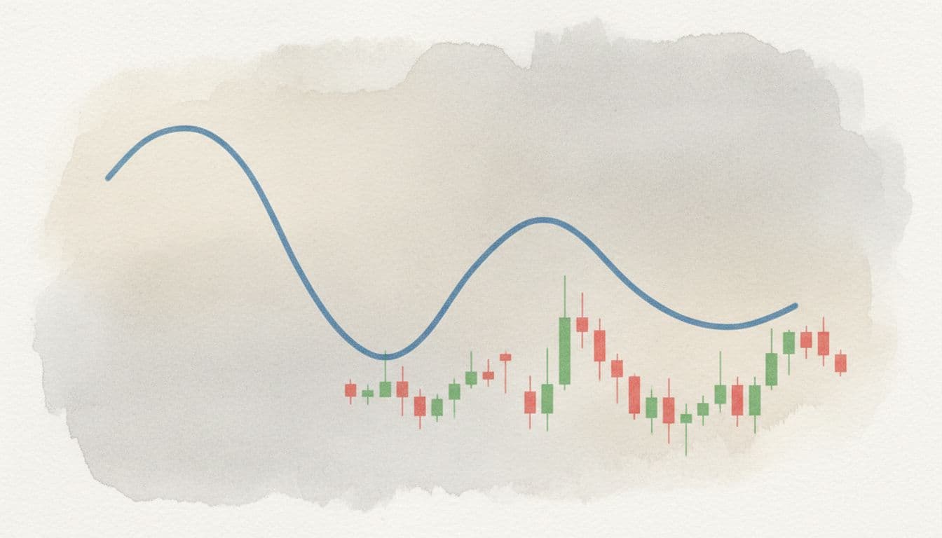 Watercolor illustration of a simple Korean stock chart for a new bank IPO, line dropping from high debut then stabilizing with green and red candlestick bars over past week on neutral background.