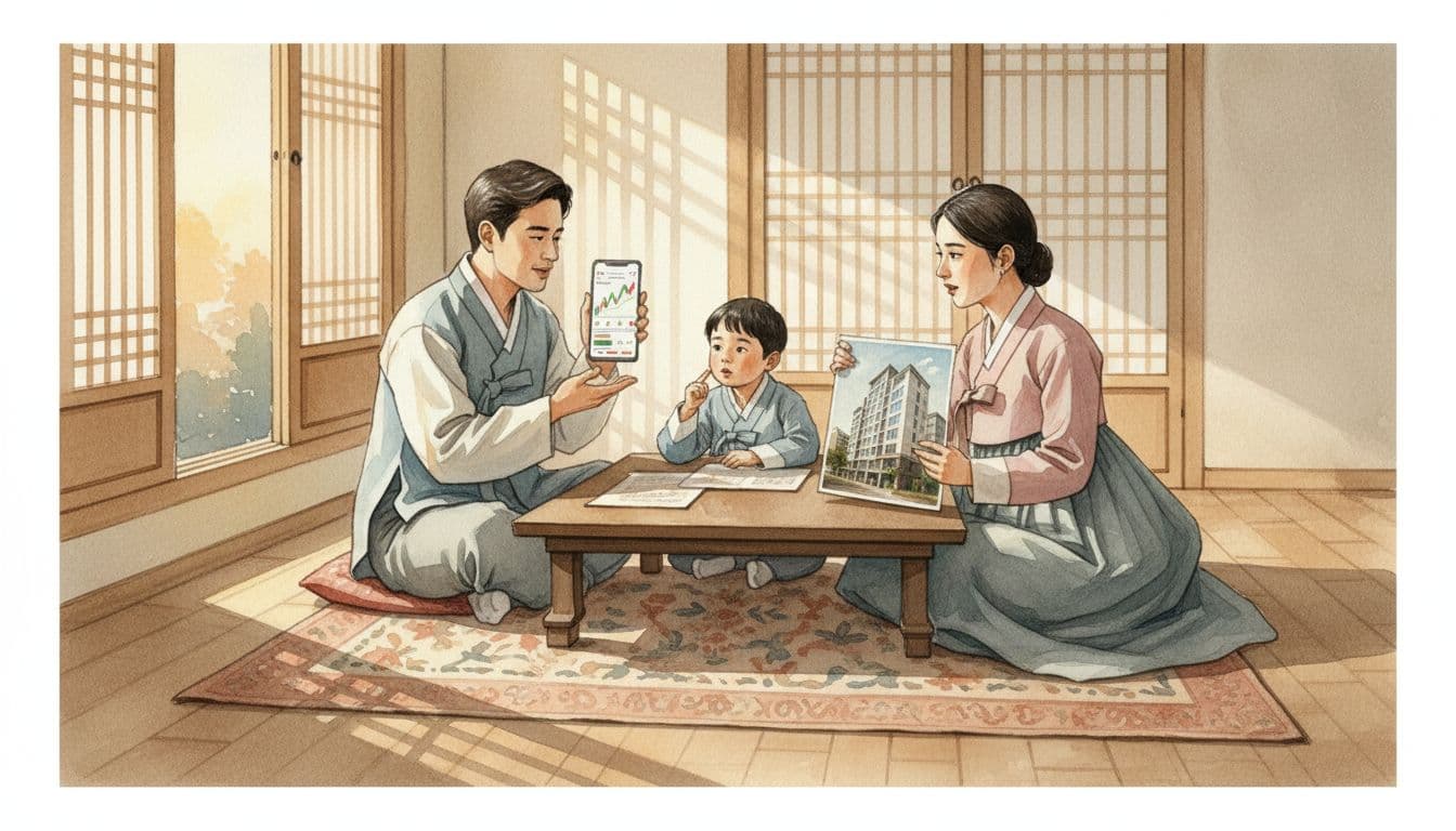 Watercolor painting of a traditional Korean family—two adults and one child—at a dinner table discussing finances, with one parent showing a stock app on their phone and the other viewing an apartment photo in a cozy home bathed in soft evening light.
