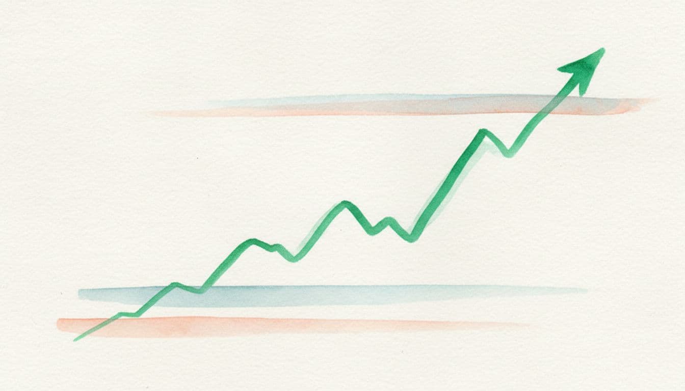 Watercolor painting of an abstract rising stock price trend line on a paper-like chart background with soft support and resistance lines, visible brush strokes, blending, and natural lighting using a green accent trend.