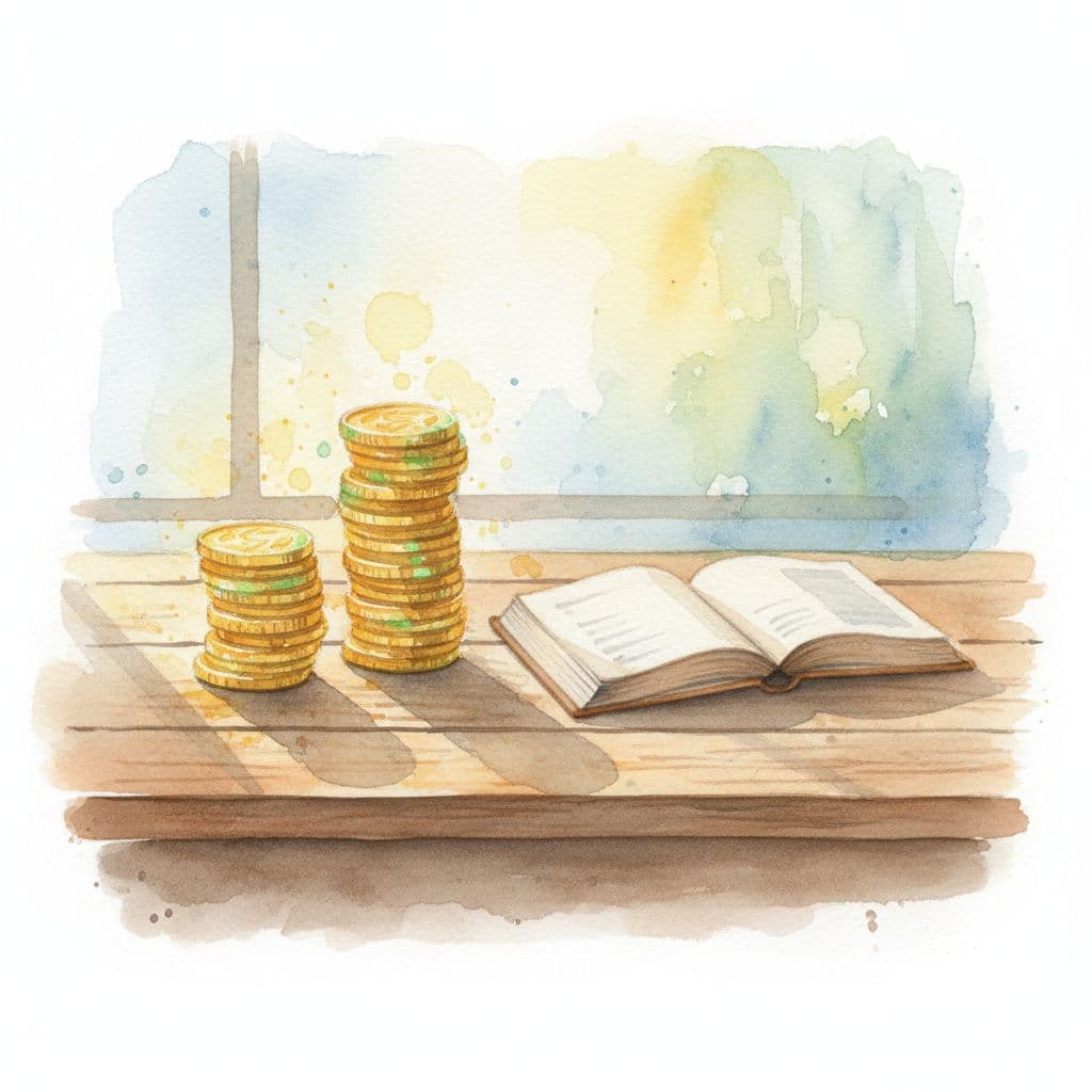 Watercolor depiction of two stacks of golden coins next to an open bank ledger book on a wooden desk, with soft window lighting, brush textures, and green accent highlights on the coins.