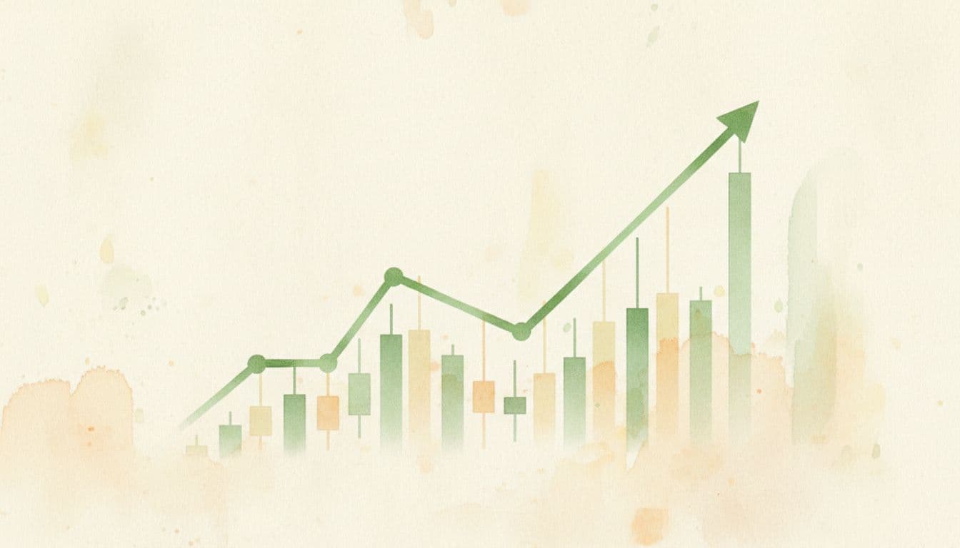 Simple upward trending green stock chart line with rising candlesticks symbolizing financial growth, minimalist watercolor style on light background with soft blending, visible brush strokes, and textured paper effect.