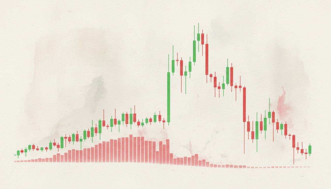 Volatile stock price chart illustration featuring a sharp rise to a peak followed by a steep pullback, using green and red candlestick bars on a light neutral background in watercolor style with soft blending and brush texture.