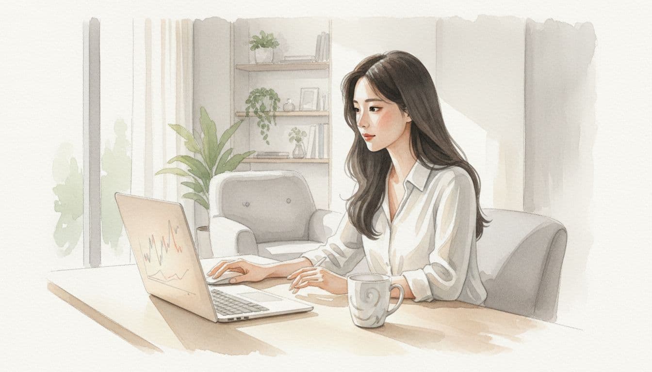 Watercolor style image of a young Korean investor seated relaxed at a modern home office desk with laptop showing stock portfolio and coffee mug nearby, natural daylight, soft lighting.