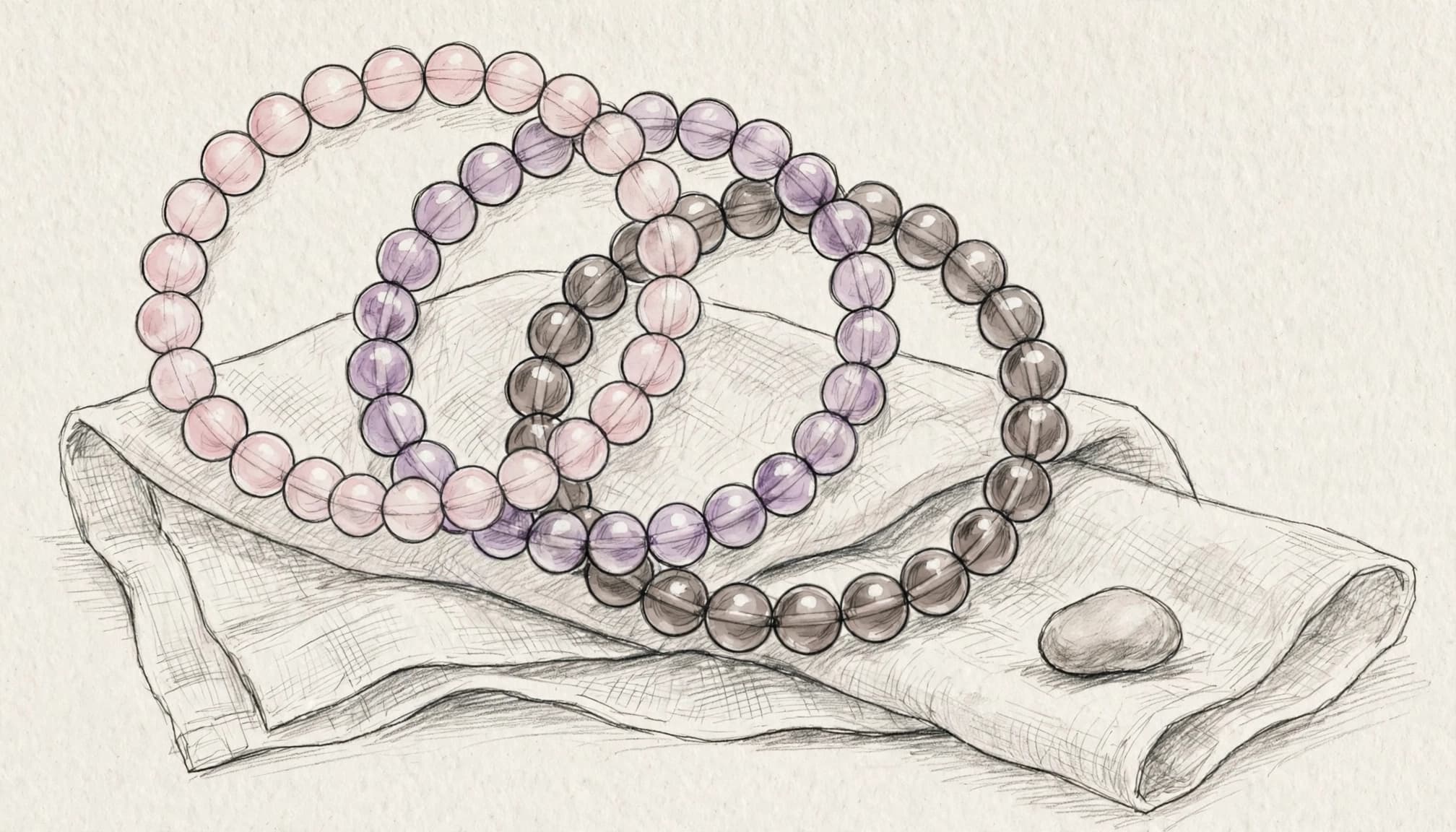 Three crystal bead bracelets overlap on folded linen beside a small stone.