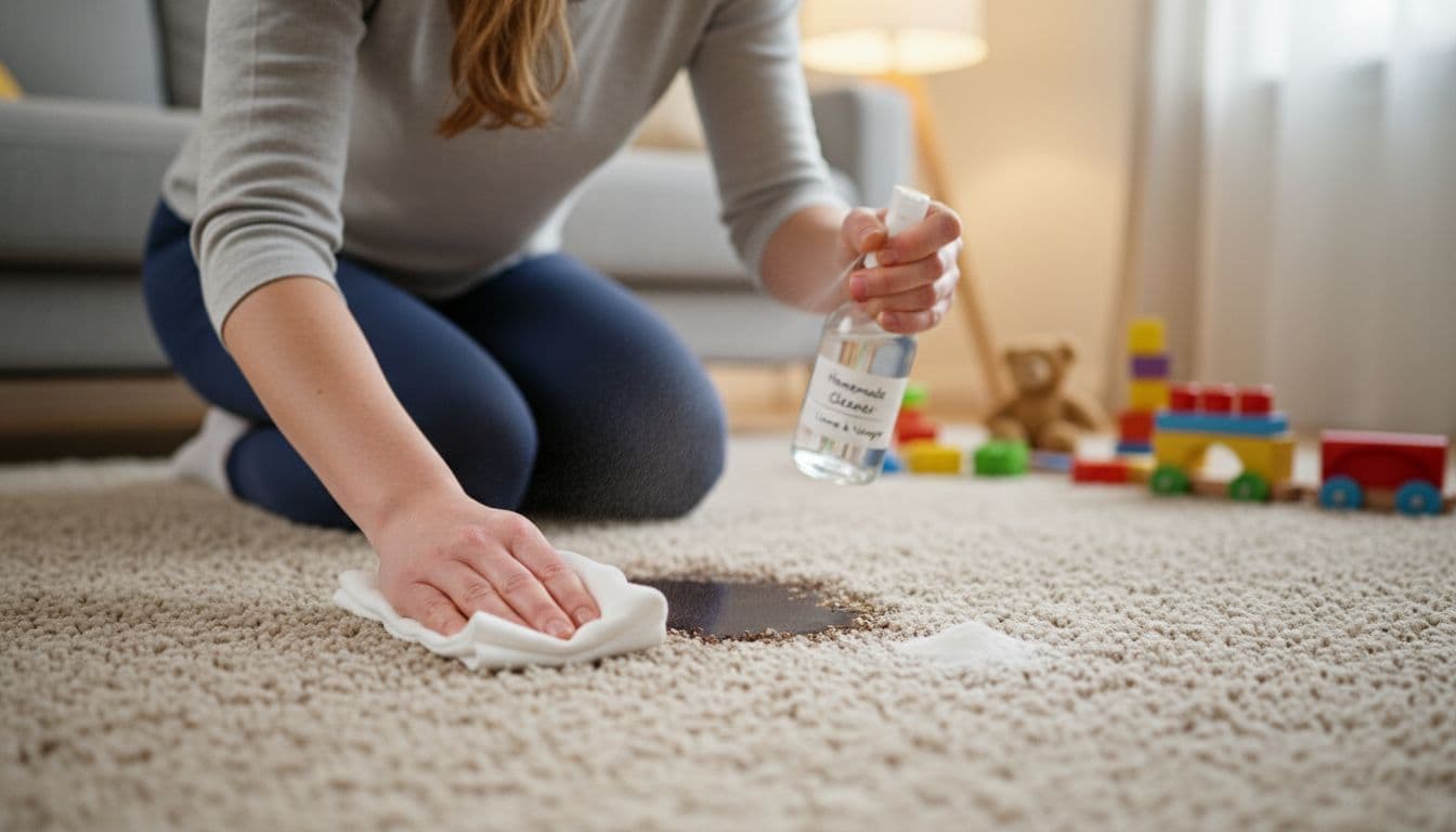 Close-up of a woman blotting a fresh spill on a beige carpet with a white cloth and spray bottle of homemade cleaner. Image generated by AI