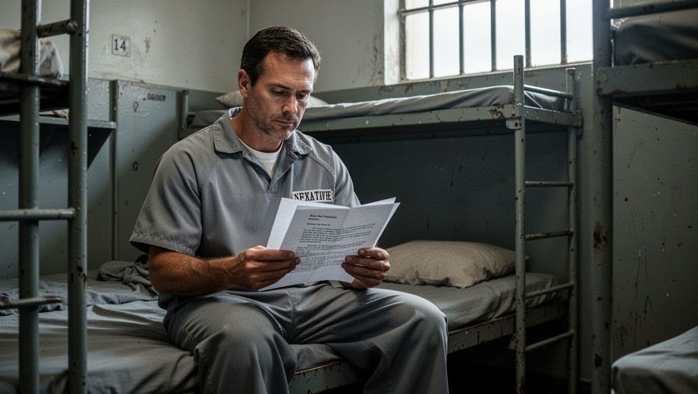 A man in his 40s wearing plain prison uniform sits on a bunk bed in a sparse prison cell, reading an open letter with calm focus amid dim natural light from a high barred window.