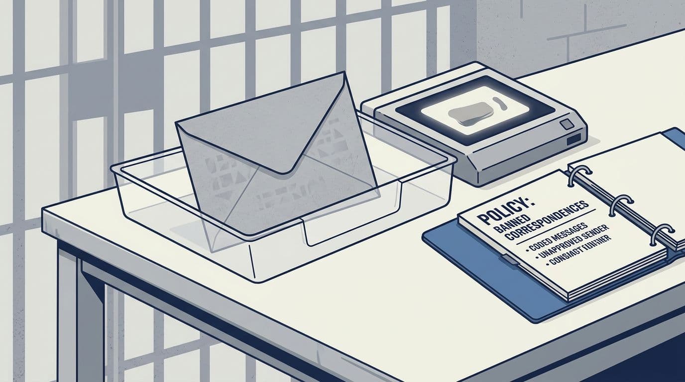 Editorial illustration depicting prison mail security with a sealed envelope showing subtle coded message hint, screening tray with scanner, and open policy binder on banned correspondences against faint prison bars.