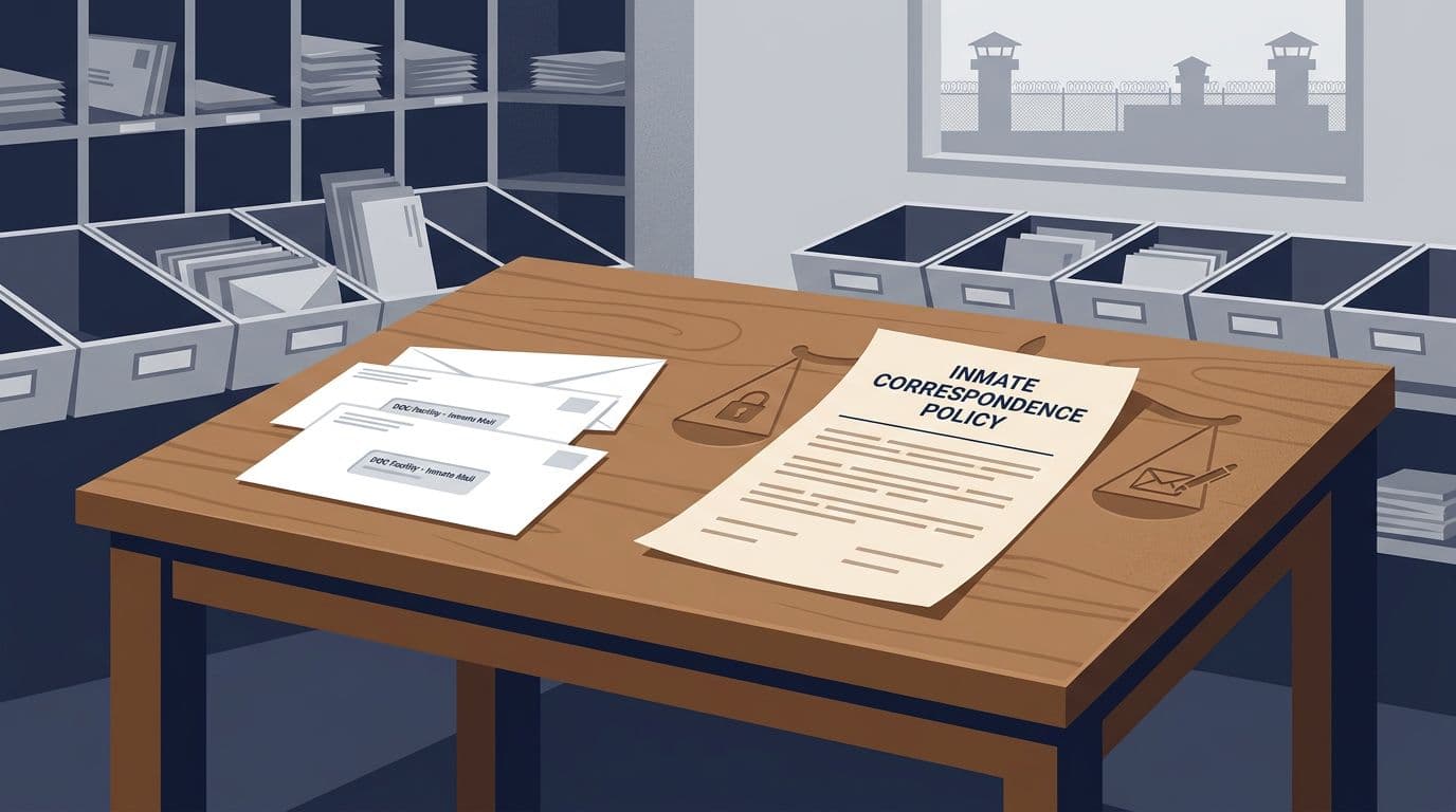 Respectful editorial illustration of a neutral prison mailroom with two sealed envelopes on a table beside the 'Inmate Correspondence Policy' document, distant secure facility silhouette, and subtle balance scale symbolizing security versus rehabilitation. Clean modern vector flat style in muted navy gray and warm paper tones, no people, guards, violence, or contraband.