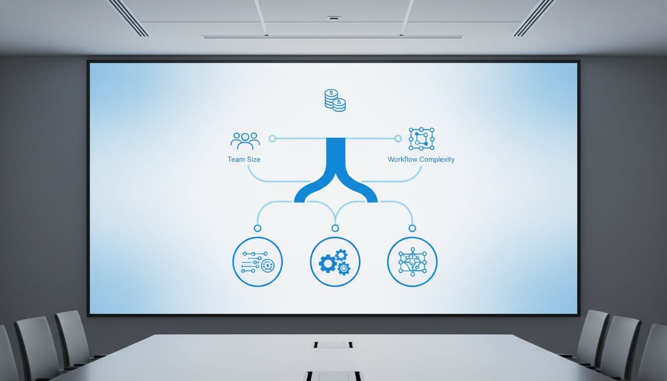 Abstract vector illustration of a decision tree on a large conference room screen, with branching paths based on team size, budget, and workflow complexity leading to symbols of data flows, gears, and networks.