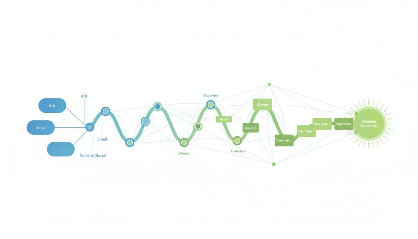 Abstract flowchart of a winding B2B SaaS buyer journey from marketing channels through sales stages to revenue conversion, highlighting multi-touch attribution points in minimalistic vector style with blue-green tones.