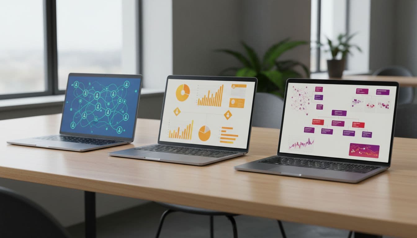 Three modern laptops side by side on a clean wooden desk in a bright office, each displaying abstract data enrichment dashboards with charts, graphs, and contact icons.