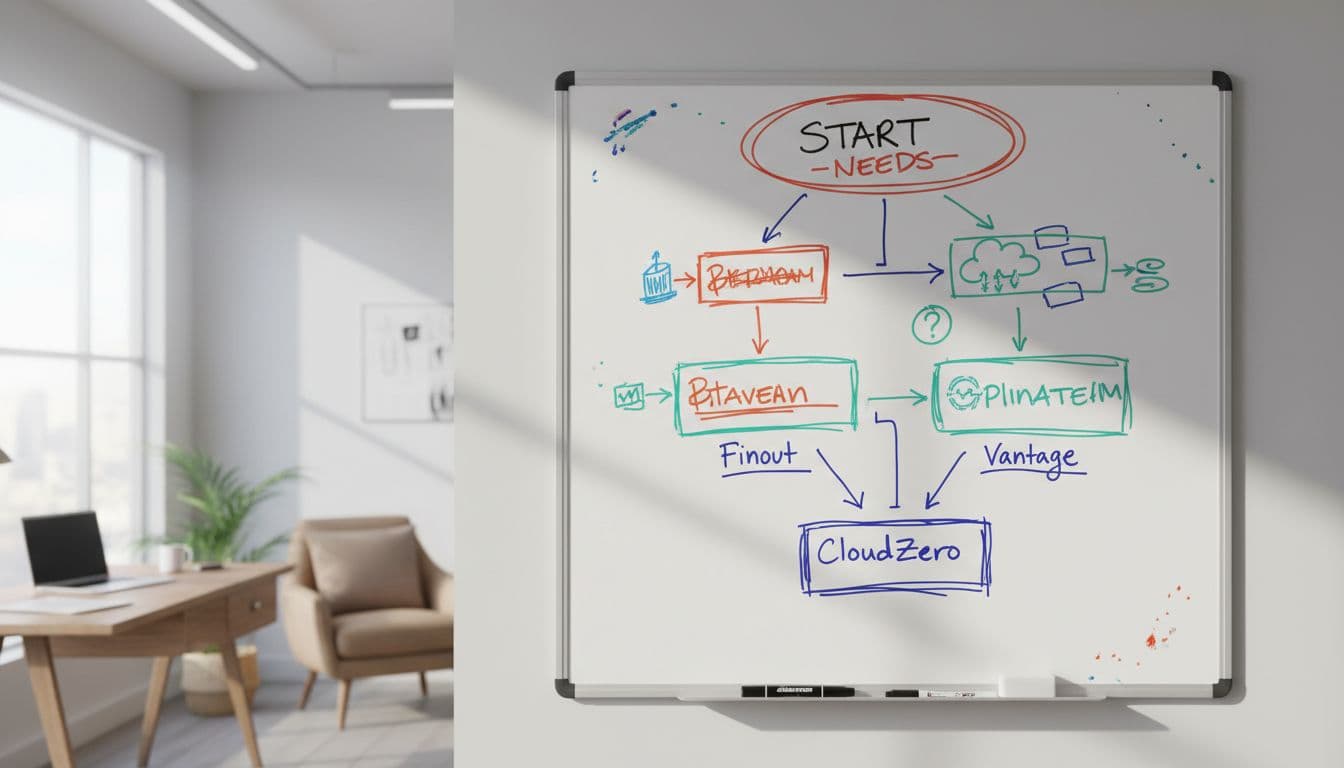 A hand-drawn flowchart on a casual office whiteboard showing decision branches for choosing cloud cost tools based on needs like Kubernetes or multi-cloud, recommending Finout, Vantage, or CloudZero, with markers, eraser, natural daylight, no people or readable text.