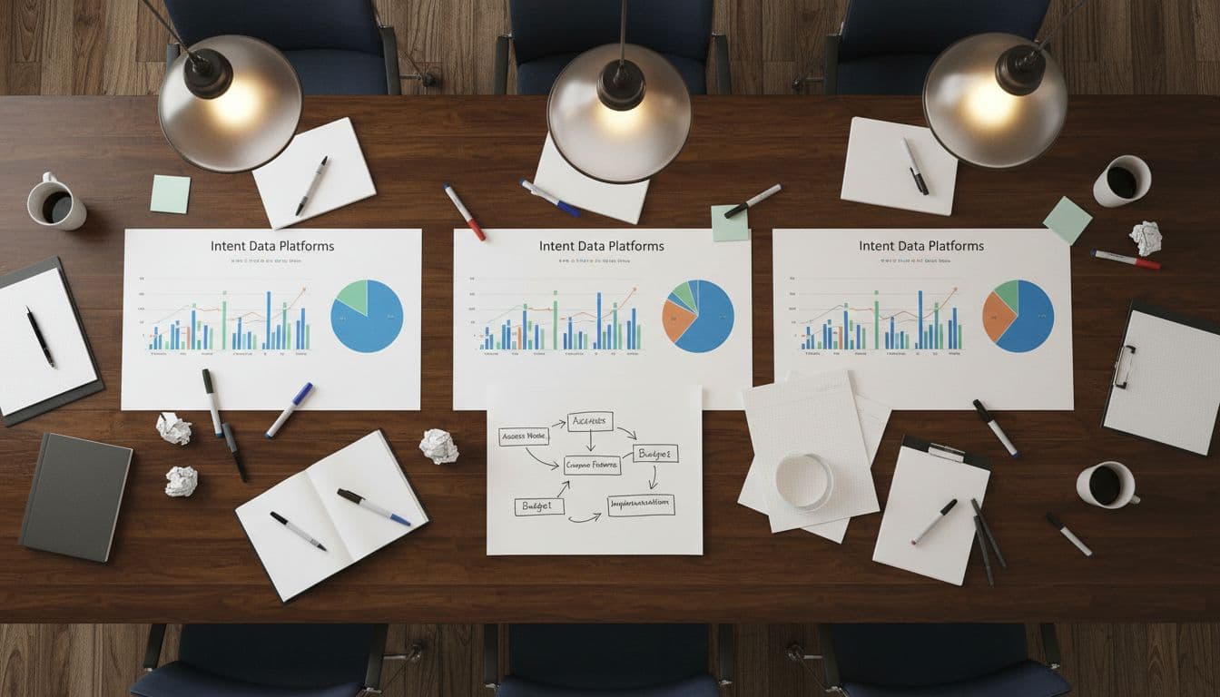 Conference room table with printed charts and graphs comparing three intent data platforms, scattered markers, notes, and a simple sketched decision flowchart, in a professional business meeting setup under warm lighting, realistic photo with no people or readable text.