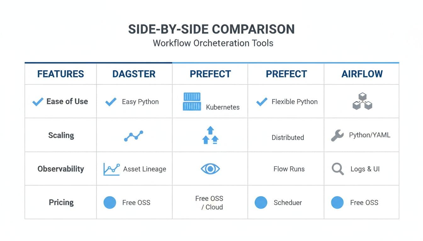 Clean, minimal documentation-style diagram comparing Dagster, Prefect, and Airflow on Ease of Use, Scaling, Observability, and Pricing using simple 2D vector shapes, icons, and bars in blues and greys on a white background.