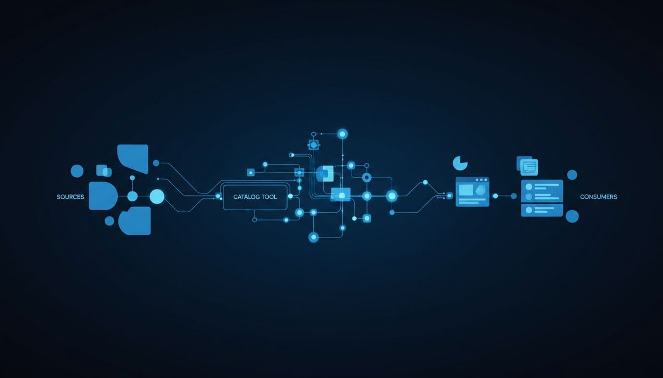 Interconnected nodes illustrate data flow from sources to consumers in a catalog tool, rendered as an abstract graph in blue tones on a dark background with a simple, clean professional digital art style.