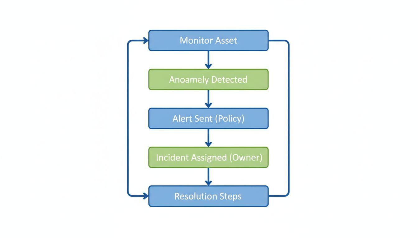Simple linear flowchart diagram illustrating the data observability incident response workflow from asset monitoring and anomaly detection to alert, assignment, resolution, and back to monitoring. Clean line drawing in blue and green on white background with short phrase labels and arrows.