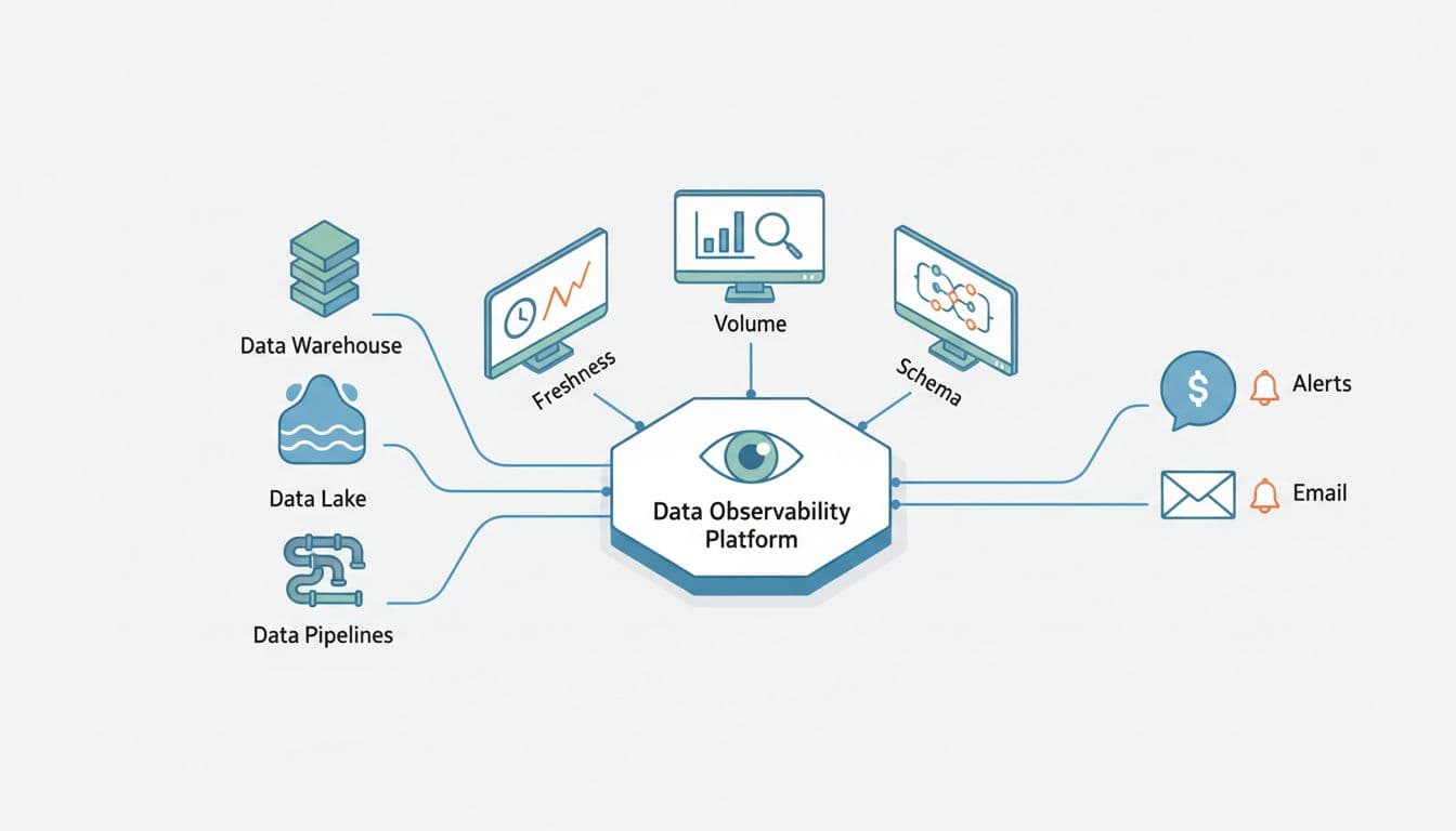 Isometric reference architecture diagram of a central data observability platform connecting to three data sources—warehouse, lake, and pipelines—with monitors for freshness, volume, schema, and alerts to Slack/email, in modern flat style on light background.