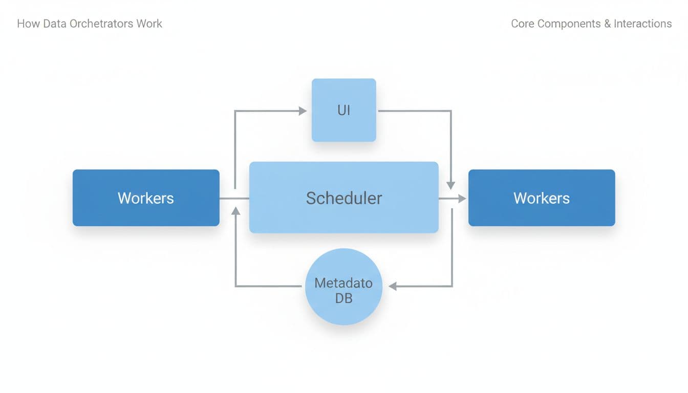 Clean, minimal documentation-style diagram on white background illustrating core components of data orchestrators: central scheduler/orchestrator connected to workers, metadata DB, and UI dashboard with flow arrows.