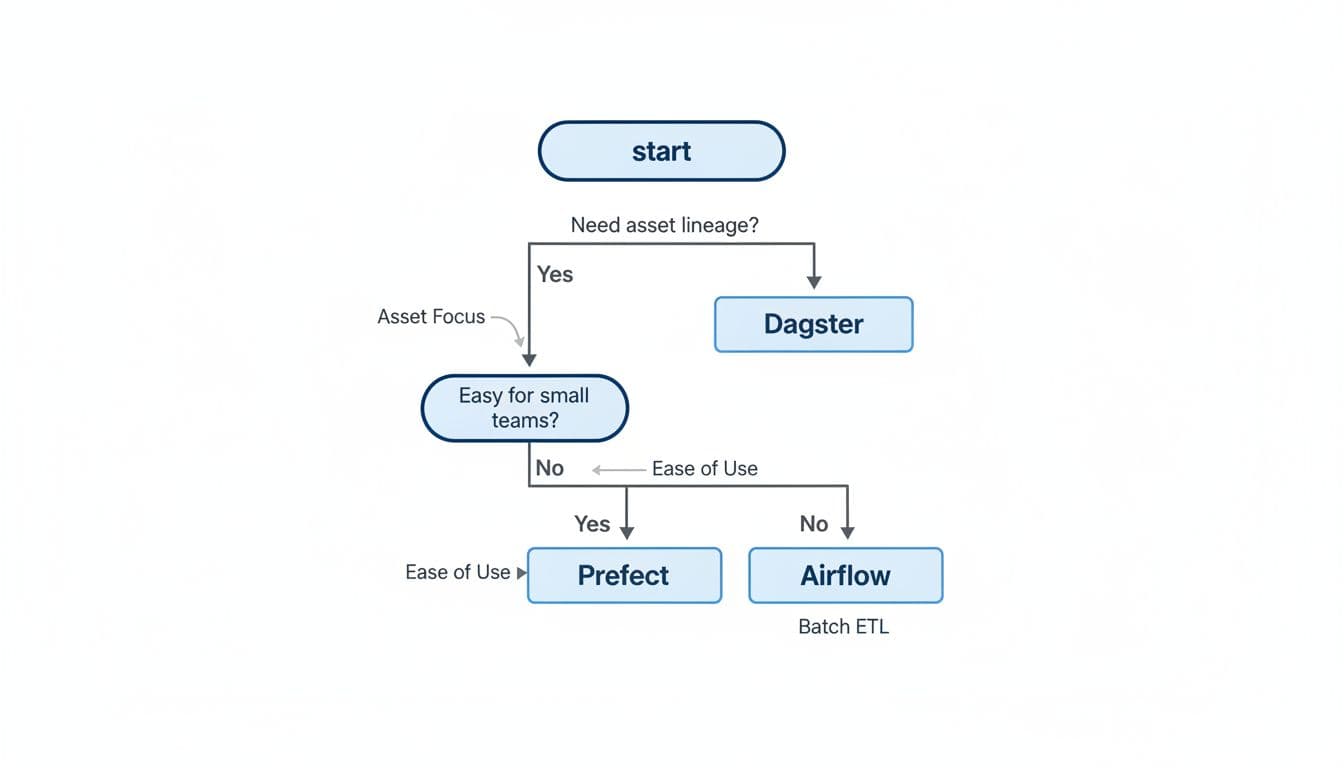 Clean, minimal decision tree diagram on white background using simple 2D vector shapes in blues and greys, guiding choice between Dagster, Prefect, and Airflow based on asset lineage, small team ease, scale needs, and batch ETL.