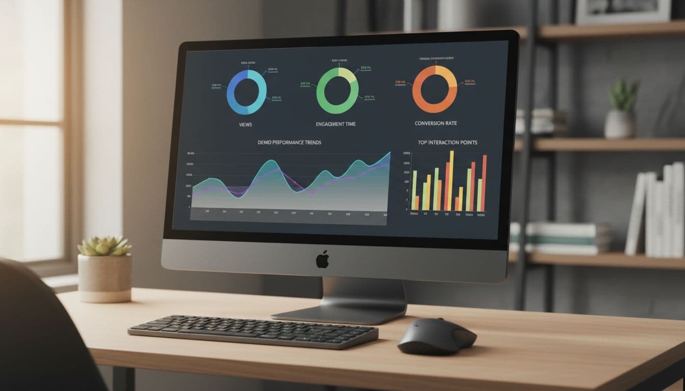 Realistic photo of a computer screen in a small office displaying an analytics dashboard with demo performance metrics charts like views and engagement time, soft lighting, screen slightly angled with no readable text, one screen and keyboard, no people or logos.
