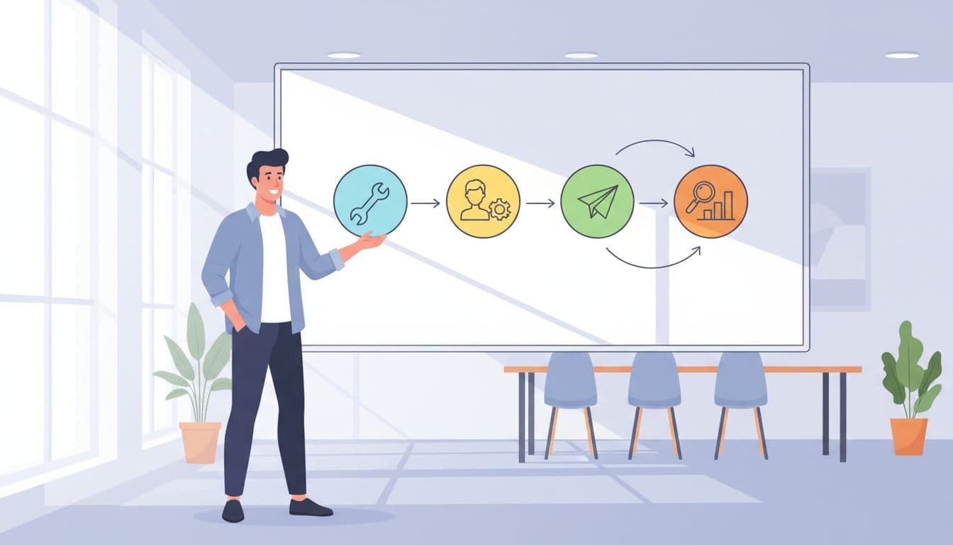 Simple flowchart on a whiteboard in a startup office illustrates the demo automation process: setup, personalize, share, analyze. One person points relaxed at it in natural daylight, illustrative style, no text.