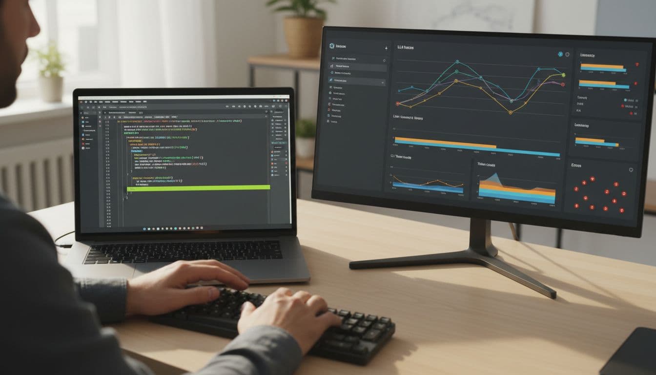 Developer in bright home office at modern desk, laptop open to code editor highlighting LLM observability integration, second screen showing dashboard with LLM traces, latency bars, token graphs, and errors; top-down view.