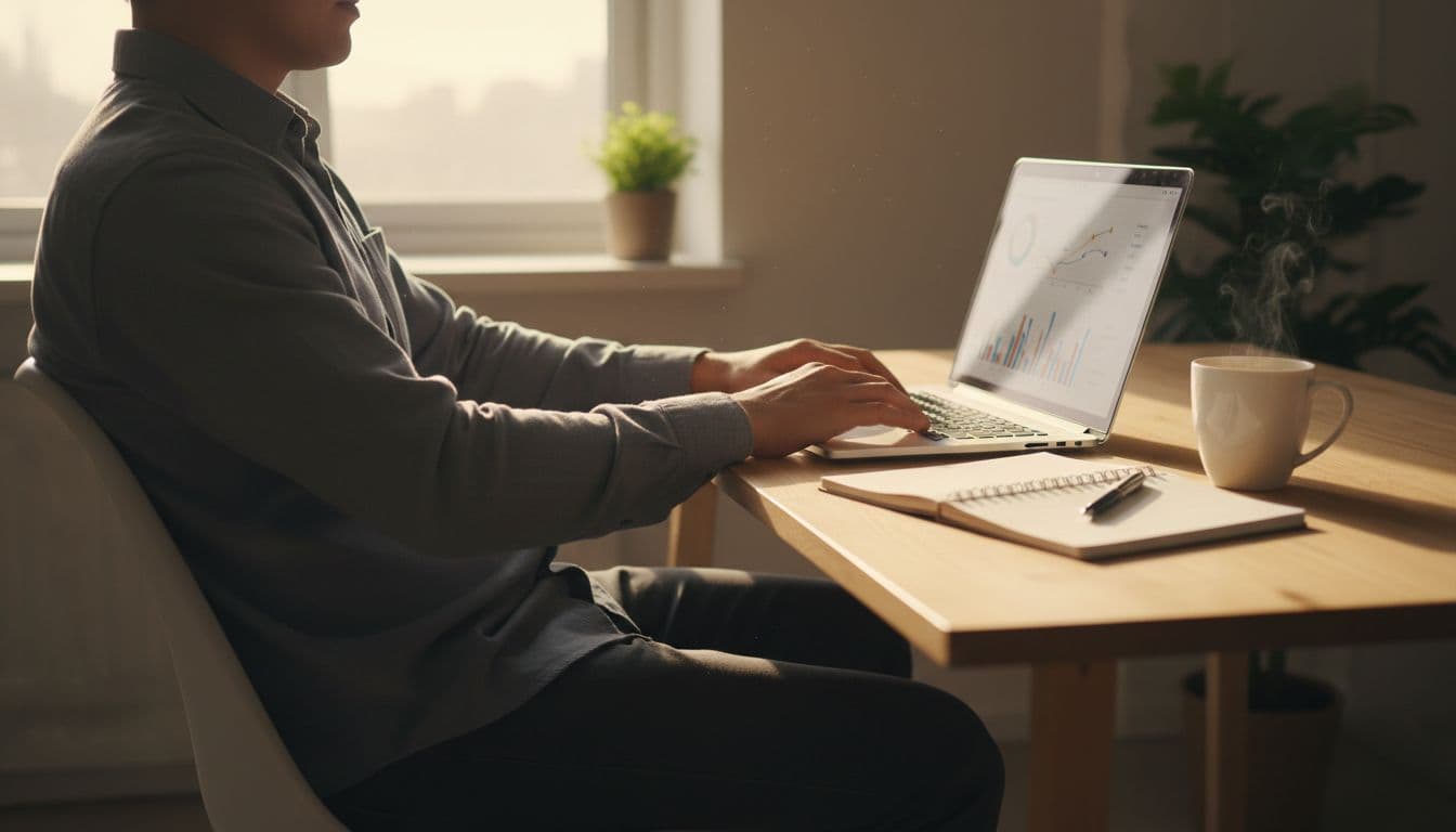 A person sits relaxed at a simple home office desk, configuring a SaaS dashboard on a laptop with hands near the keyboard. A coffee mug, notebook, and warm morning light through the window create a casual professional atmosphere.
