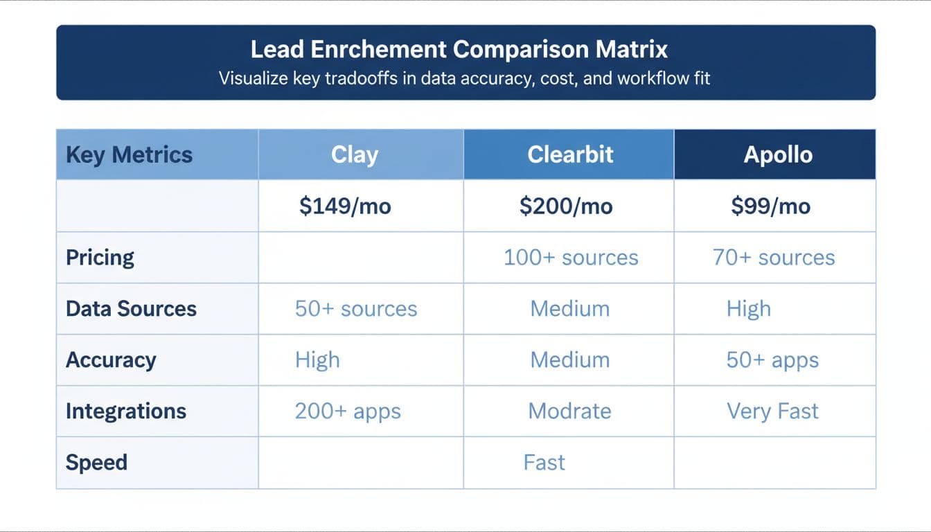 Clean side-by-side comparison table of lead enrichment tools Clay, Clearbit Breeze Intelligence, and Apollo, covering pricing, data sources, accuracy, integrations, and speed in a minimal B2B SaaS style with neutral blues and whites.