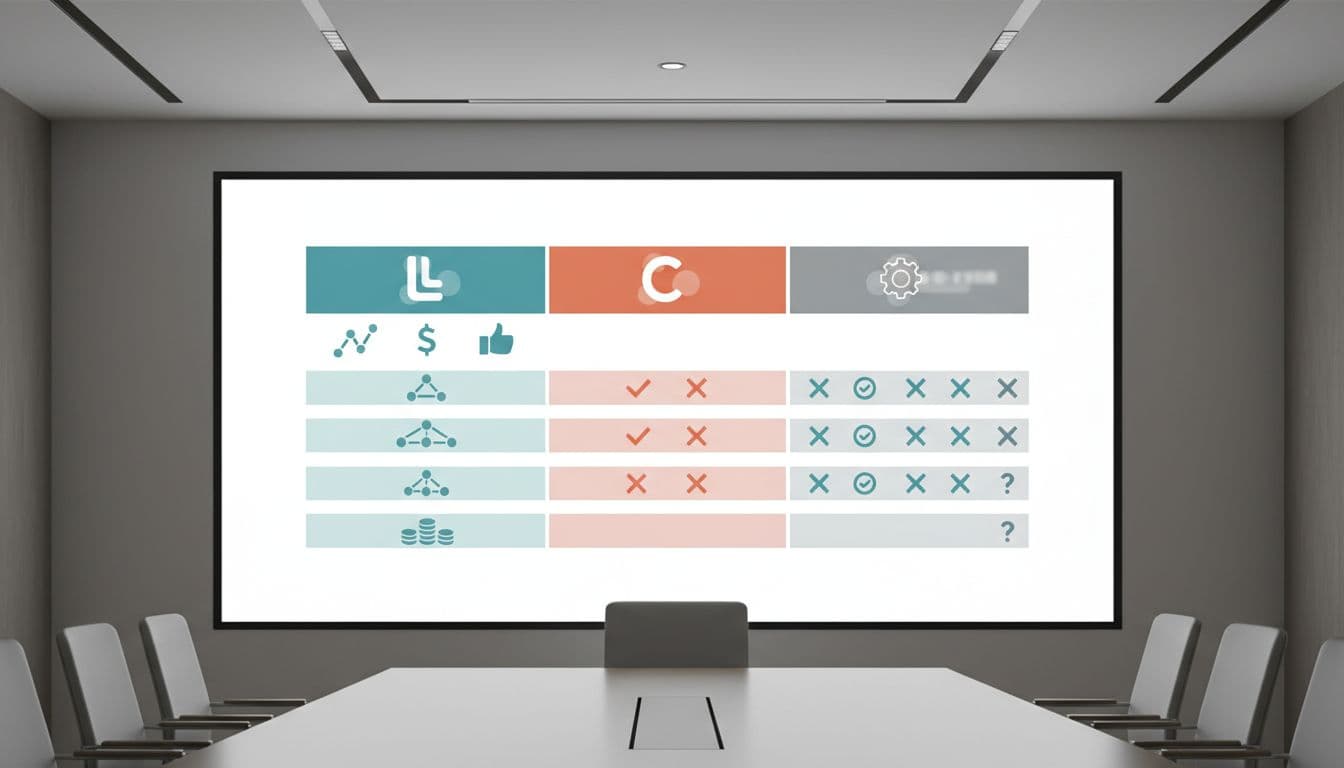 Comparison chart on a digital screen in a conference room showing three columns for LeanData, Chili Piper, and Default routing with icons for complexity, cost, and ease. Professional style with soft overhead lighting, exactly one screen, no people, no readable text or watermarks.